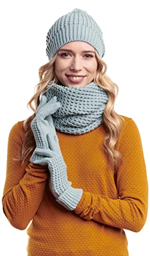 Hilltop Winter Kombi Set aus Loop-Schal, passender Strickmütze und Handschuhe, 3-teilig, Geschenk für Frauen, Farbe:Stone von Hilltop