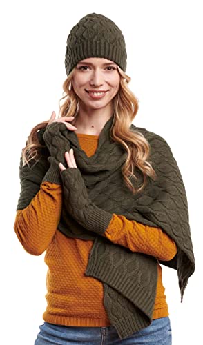 Hilltop Winterset Damen, Kombi Set aus Schal, Mütze und Handwärmer, 100% Angora, Winter Set:Oliv von Hilltop