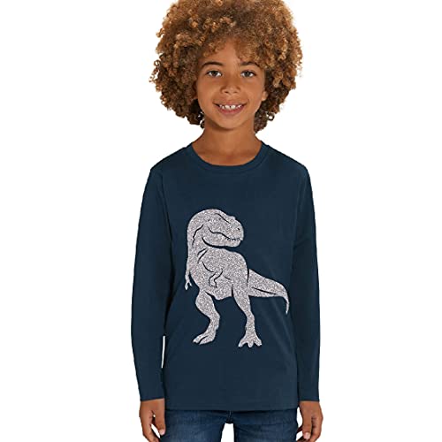 Kinder Langarmshirt aus Biobaumwolle mit Dinosaurier Glitzer Motiv, Size:122/128, Dino:Navy-Dino Silver von Hilltop