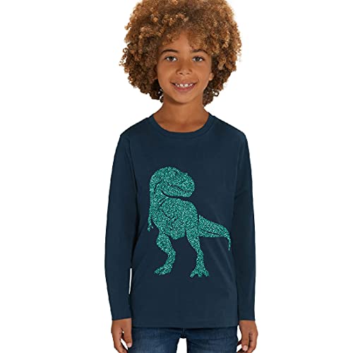 Kinder Langarmshirt aus Biobaumwolle mit Dinosaurier Glitzer Motiv, Size:134/146, Dino:Navy-Dino Jade von Hilltop