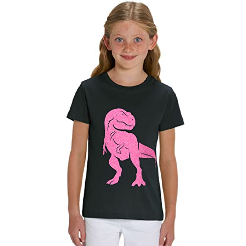 Kinder T-Shirt aus Biobaumwolle mit Dinosaurier Glitzer Motiv, Size:110/116, Dino:Black-Dino Neon Pink von Hilltop