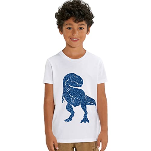 Kinder T-Shirt aus Biobaumwolle mit Dinosaurier Glitzer Motiv, Size:110/116, Dino:White-Dino Blue von Hilltop
