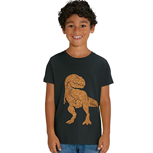 Kinder T-Shirt aus Biobaumwolle mit Dinosaurier Glitzer Motiv, Size:122/128, Dino:Black-Dino Gold von Hilltop