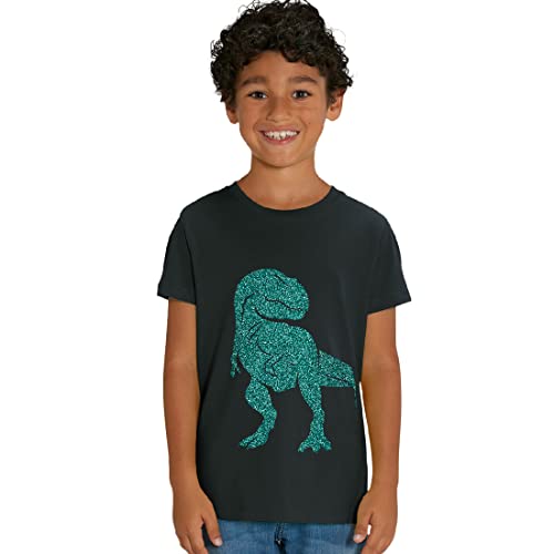 Kinder T-Shirt aus Biobaumwolle mit Dinosaurier Glitzer Motiv, Size:122/128, Dino:Black-Dino Jade von Hilltop