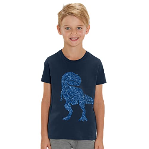 Kinder T-Shirt aus Biobaumwolle mit Dinosaurier Glitzer Motiv, Size:134/146, Dino:Navy-Dino Blue von Hilltop