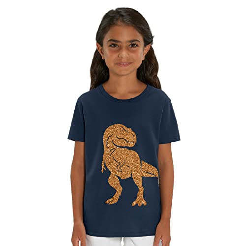 Kinder T-Shirt aus Biobaumwolle mit Dinosaurier Glitzer Motiv, Size:134/146, Dino:Navy-Dino Gold von Hilltop