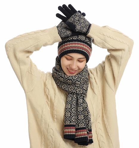 Hilmocho Damen Mütze Schal Handschuh Sets Winter Warm Gestrickt Hut Halsträger Touchscreen Handschuhe Fleece Gefüttert 3 in 1 Kaltwetter Set von Hilmocho