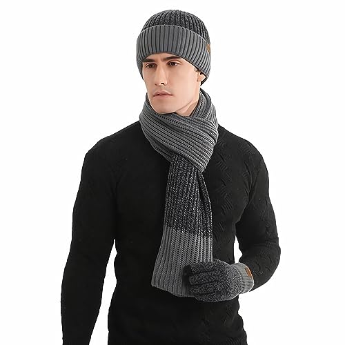 Hilmocho Herren Hut Schal Handschuhe Set 3 in 1 Winter Warm Gestrickte Mütze Lange Schal Touch Screen Handschuhe Geschenk Set von Hilmocho