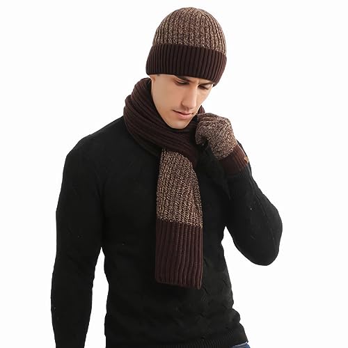 Hilmocho Herren Hut Schal Handschuhe Set 3 in 1 Winter Warm Gestrickte Mütze Lange Schal Touch Screen Handschuhe Geschenk Set von Hilmocho