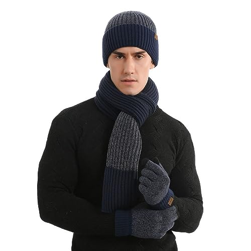 Hilmocho Herren Hut Schal Handschuhe Set 3 in 1 Winter Warm Gestrickte Mütze Lange Schal Touch Screen Handschuhe Geschenk Set von Hilmocho