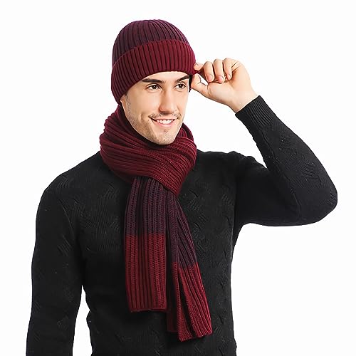 Hilmocho Herren Hut Schal Handschuhe Set 3 in 1 Winter Warm Gestrickte Mütze Lange Schal Touch Screen Handschuhe Geschenk Set von Hilmocho