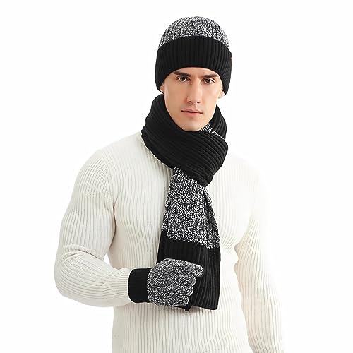 Hilmocho Herren Hut Schal Handschuhe Set 3 in 1 Winter Warm Gestrickte Mütze Lange Schal Touch Screen Handschuhe Geschenk Set von Hilmocho