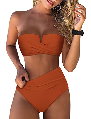 Hilor Bandeau Zweiteilige Badeanzüge für Damen mit Riemen, Retro, hohe Taille, Badeanzüge, sexy Push-Up-Bikini, Bademode, Koi, 44 von Hilor