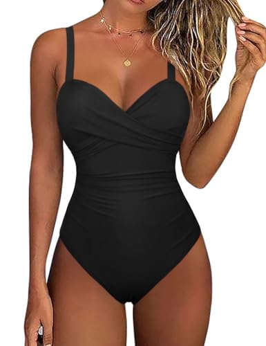 Hilor Damen Bügel Einteiler Badeanzüge Wrap Twist Push Up Badeanzug Retro Geraffte Bauchkontrolle Bademode, Schwarz, 42 von Hilor