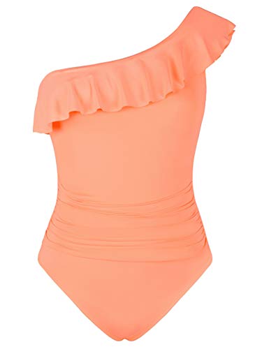 Hilor Damen Einteiler Badeanzüge, Off-Shoulder Badeanzug asymmetrisch gerüscht Monokini Badebekleidung - Orange - 42 von Hilor