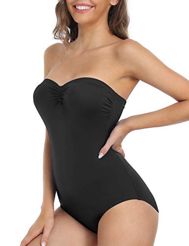 Hilor Damen Einteiler Badeanzüge Bandeau Badeanzug mit Kordelzug vorne - Schwarz - 40 von Hilor