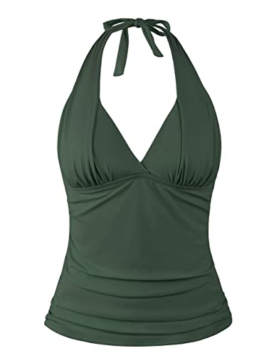 Hilor Damen Tankini Badeanzug Tiefer V-Ausschnitt Neckholder Badeoberteile gerafft Bauchkontrolle Tankini Top, Dark Army Green, 44 von Hilor