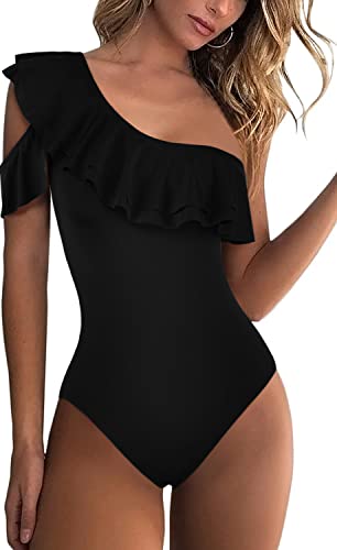 Hilor Women's One Piece Swimsuits One Shoulder Swimwear Asymmetric Ruffles Bathing Suits Black 12 von Hilor