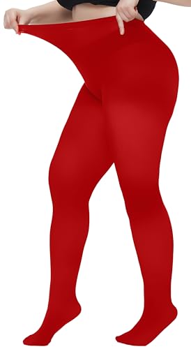Hiltzo Große Größen Strumpfhosen für Damen, 80D Elastisch Hohe Bund Semi-Blickdicht Strumpfhose, Plus Größen Nylonstrumpfhose XL-4XL, Rot 4XL von Hiltzo