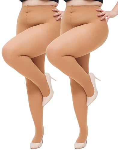 Hiltzo Große Größen Strumpfhosen für Damen, 80D Elastisch Hohe Bund Semi-Blickdicht Strumpfhose, Plus Größen Nylonstrumpfhose XL-4XL, 2 Hautfarbe XL von Hiltzo