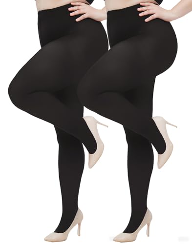 Hiltzo Große Größen Strumpfhosen für Damen, 80D Elastisch Hohe Bund Semi-Blickdicht Strumpfhose, Plus Größen Nylonstrumpfhose XL-4XL, 2 Schwarz XL von Hiltzo