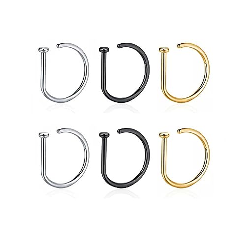 Hilufiet 5/6pcs Edelstahl D-Form Nasenring Hoop Set Punk Dünn Nasenpiercing Hoop Knorpel Creolen für Damen Herren, Metall, Kein Edelstein von Hilufiet