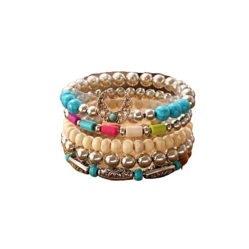 Hilufiet 5-teiliges böhmisches Western-Perlenarmbänder-Set aus Holz, Türkis, elastisch, stapelbares Armband-Set, Metall, Kein Edelstein von Hilufiet