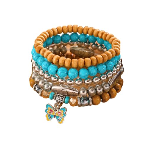 Hilufiet 5-teiliges böhmisches Western-Perlenarmbänder-Set aus Holz, Türkis, elastisch, stapelbares Armband-Set, Metall, Kein Edelstein von Hilufiet
