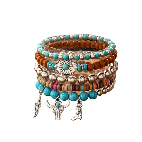 Hilufiet 5-teiliges böhmisches Western-Perlenarmbänder-Set aus Holz, Türkis, elastisch, stapelbares Armband-Set, Metall, Kein Edelstein von Hilufiet