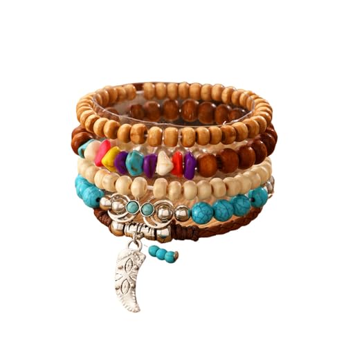 Hilufiet 5-teiliges böhmisches Western-Perlenarmbänder-Set aus Holz, Türkis, elastisch, stapelbares Armband-Set, Metall, Kein Edelstein von Hilufiet