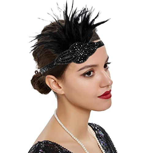 1920er Jahre Flapper Stirnband für Damen Vintage Pailletten Feder brüllend 20er Jahre Great Gatsby Kopfschmuck Haarschmuck (verstellbar, schwarz) von HilyBony