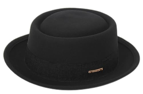 Herren Flat Top Porkpie Hut Gebläse Hüte – schwarze Wollmütze mit Band (S-M), Schwarz mit Band, 56 von HilyBony