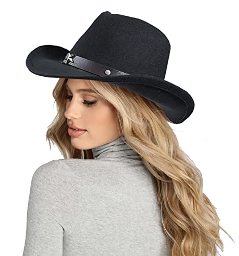 HilyBony Western-Cowboyhüte für Damen, klassische Cowgirl-Filz-Fedora-Hüte mit Gürtel, Schwarz mit Sterngürtel, M von HilyBony