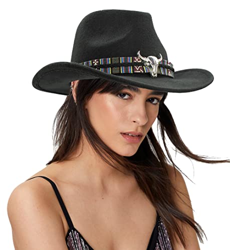 HilyBony Western Cowboy Hüte für Frauen Klassische Cowgirl Filz Fedora Hüte mit Gürtel, Schwarz , M von HilyBony