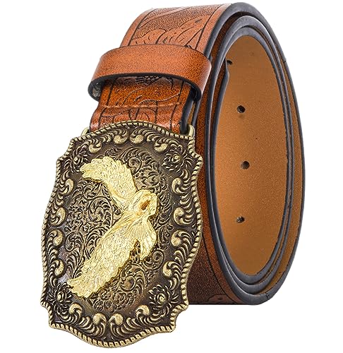 HilyBony Western-PU-Leder-Gürtel für Männer und Frauen, Cowboy-Cowgirl-Longhorn-Bull-Muster, gravierte Schnalle, Gürtel für Unisex, Adler, for 27-32" waist von HilyBony