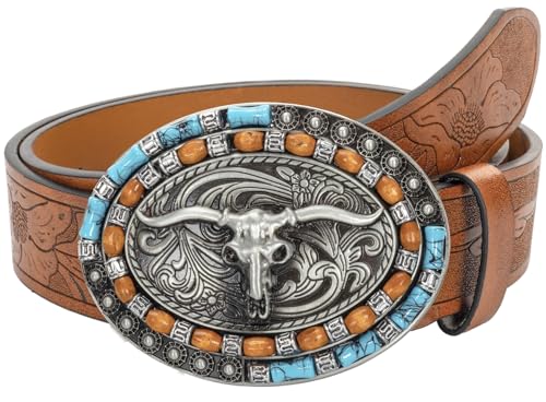 HilyBony Western-PU-Leder-Gürtel für Männer und Frauen, Cowboy-Cowgirl-Longhorn-Bull-Muster, gravierte Schnalle, Gürtel für Unisex, Bulle, for 27-32" waist von HilyBony