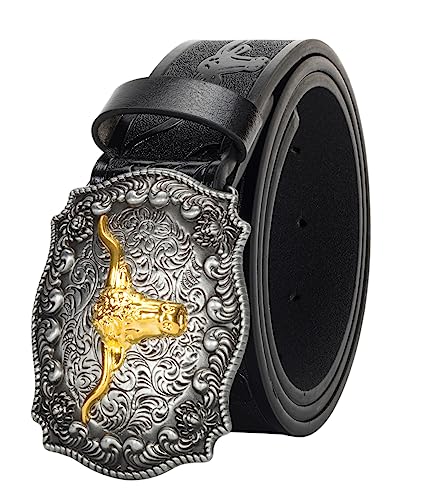 HilyBony Western-PU-Leder-Gürtel für Männer und Frauen, Cowboy-Cowgirl-Longhorn-Bull-Muster, gravierte Schnalle, Gürtel für Unisex, Schwarz , 110cm suitable waisted 30"-39" von HilyBony