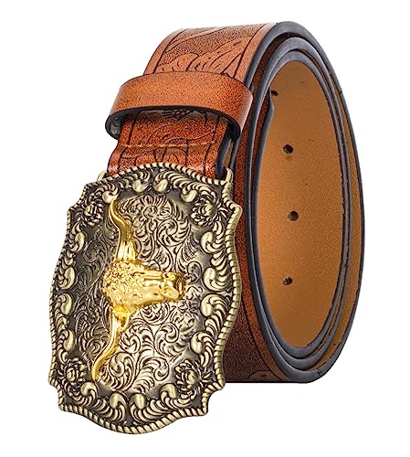 HilyBony Western-PU-Leder-Gürtel für Männer und Frauen, Cowboy-Cowgirl-Longhorn-Bull-Muster, gravierte Schnalle, Gürtel für Unisex, braun, for 36-40" waist von HilyBony