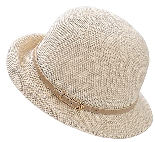 Sonnenhut für Damen 1920er Jahre Glockenhüte Kurze Rollkrempe Packbar Sommer UV-Schutz Strand Sonnenhut mit Gürtel, beige, M von HilyBony