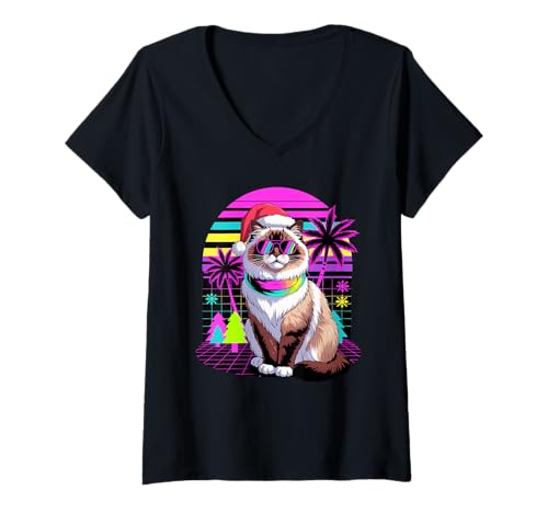 Damen Christmas Synthwave Himalayan Cat Sunglasses T-Shirt mit V-Ausschnitt Damen Christmas Synthwave Himalayan Cat Sunglasses T-Shirt mit V-Ausschnitt von Himalayan Cat Lover Gifts