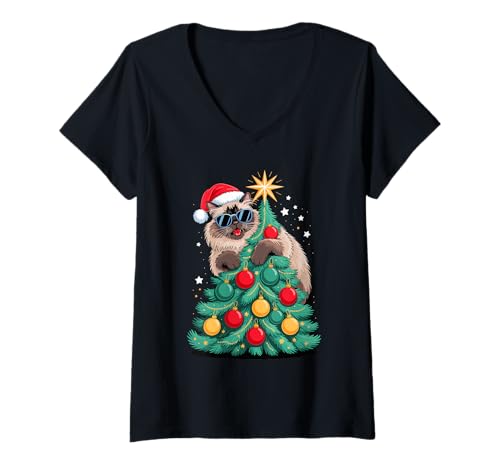 Damen Christmas Tree Himalayan Cat Sunglasses T-Shirt mit V-Ausschnitt Damen Christmas Tree Himalayan Cat Sunglasses T-Shirt mit V-Ausschnitt von Himalayan Cat Lover Gifts