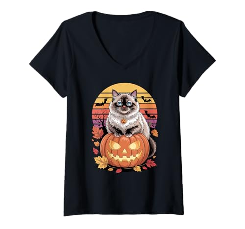 Damen Halloween Retro Himalayan Cat T-Shirt mit V-Ausschnitt Damen Halloween Retro Himalayan Cat T-Shirt mit V-Ausschnitt von Himalayan Cat Lover Gifts