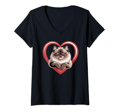 Damen Herz Himalayan Cat Brille T-Shirt mit V-Ausschnitt Damen Herz Himalayan Cat Brille T-Shirt mit V-Ausschnitt von Himalayan Cat Lover Gifts