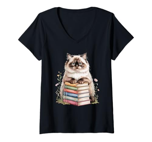 Damen Himalayan Cat Bookworm Flowers Book Reading Books T-Shirt mit V-Ausschnitt Damen Himalayan Cat Bookworm Flowers Book Reading Books T-Shirt mit V-Ausschnitt von Himalayan Cat Lover Gifts