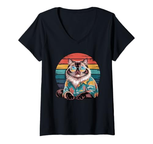 Damen Himalayan Cat Sonnenbrille Hawaii Strand Sommer T-Shirt mit V-Ausschnitt Damen Himalayan Cat Sonnenbrille Hawaii Strand Sommer T-Shirt mit V-Ausschnitt von Himalayan Cat Lover Gifts