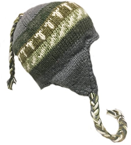 Handgestrickte Sherpa-Mütze mit Ohrenklappen, Trapper-Ski-Mütze aus schwerer Wolle mit Fleece gefüttert (grau-grün) von Himalayan Sherpa Hats