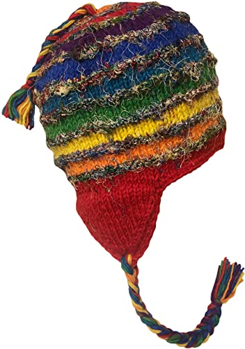 Nepal Handgestrickte Sherpa-Mütze mit Ohrenklappen, Trapper-Ski-Fleece-gefütterte Kappe, Regenbogenfarben von Himalayan Sherpa Hats