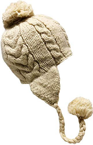 Nepal Handgestrickte Sherpa-Mütze mit Ohrenklappen, Trapper-Skimütze aus schwerer Wolle mit Fleecefutter, Beige mit Zopfmuster von Himalayan Sherpa Hats