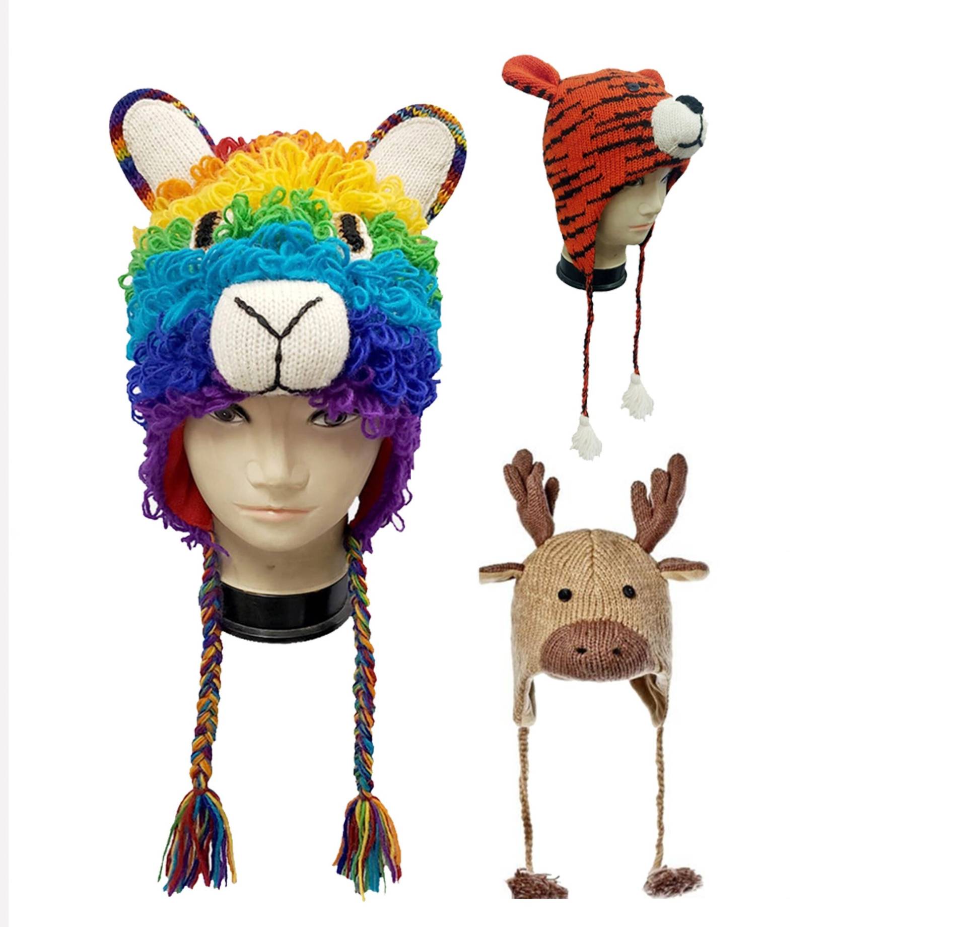Erwachsene Unisex Handgefertigte Wolle Tierhut - Regenbogen Lama Tiger Reindeer Hat Designs | Handmade in Nepal Wintermütze Für One Size Mütze von HimalayanFashion