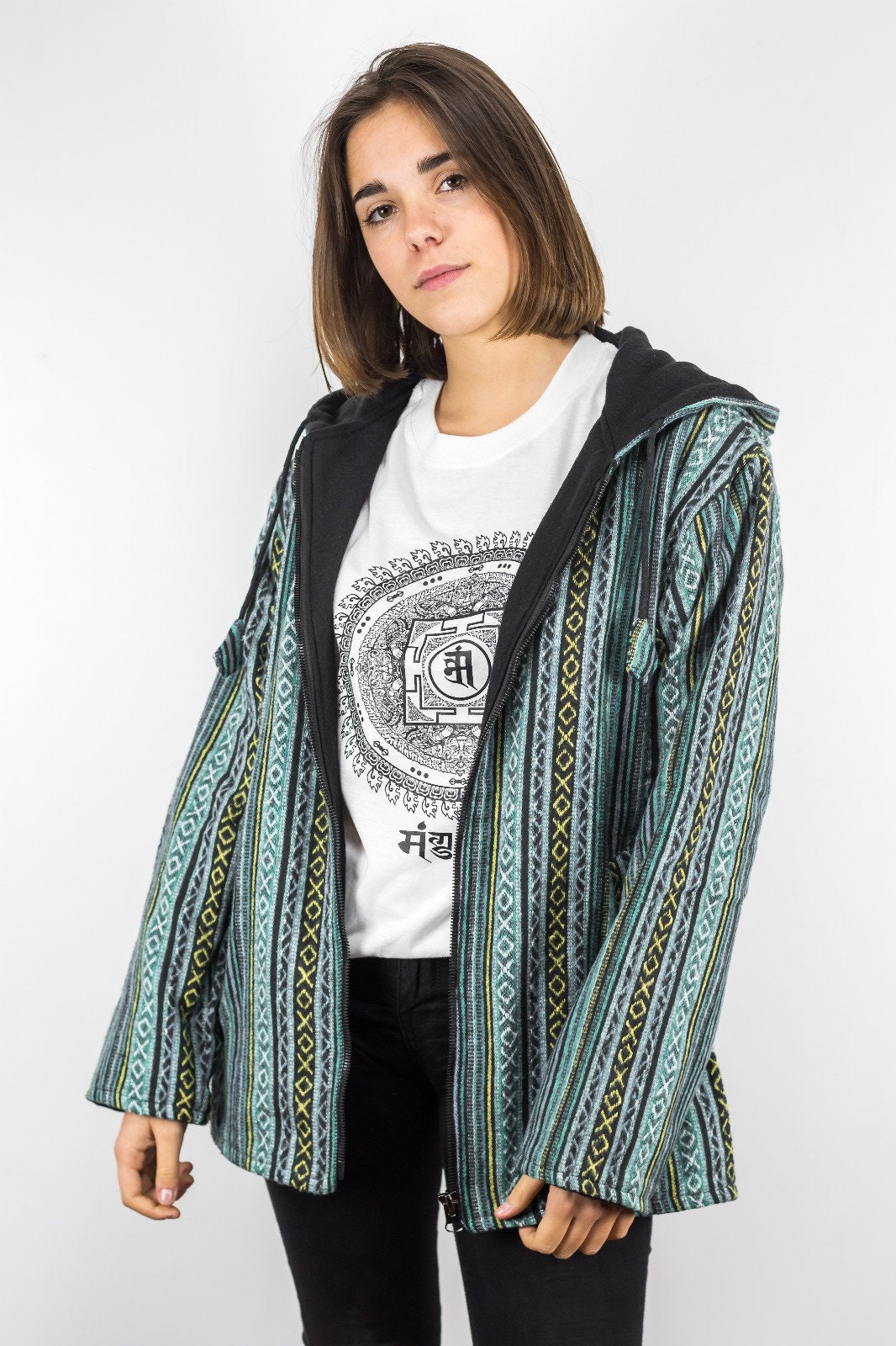 Turquoise Blue Earth Hippie Gheri Polar Fleece Jacket. Traditional Nepalese Fabric - Ethically Handmade Unisex Jackets At Himanepal Turquoise Blue Earth Hippie Gheri Polar Fleece Jacket. Traditional Nepalese Fabric - Ethically Handmade Unisex Jackets At Himanepal von Himanepal